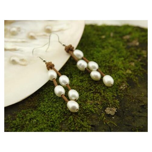 New Favorite Pearl Jewelry Huge 11MM Rice White Genuine Freshwater Pearl Leather S925 Silver Friendly Bridal Dangle Earrings