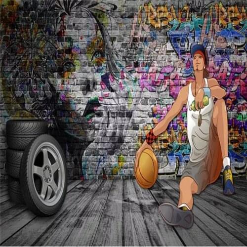 Custom wallpaper street graffiti brick wall blue ball boy personality background wall decoration - high quality silk fabric