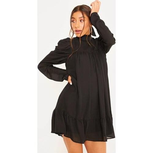 Casual Womens Dress New Long-Sleeved Stand Collar Females Mini Dress Pleated Elegant Party Dresses for Women Female Clothing