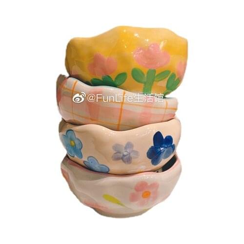 Hand Pinch Style Small Pink Flower Blue Flower Tulip Plaid Irregular Bowl Salad Bowl Dessert Bowl