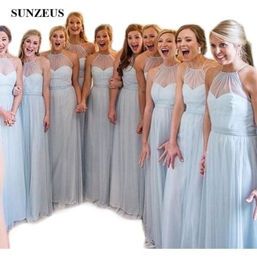 Sky Blue Tulle A-Line Bridesmaid Dresses Long Halter Illusion Top Wedding Guest Dresses Simple robe demoiselle d'honneur SBD94