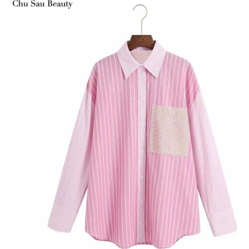Chu Sau Beauty 2021 Womens New Stitching Loose Long-Sleeved Shirt Sweet Casual Ladies Striped Shirts Irregular Hem