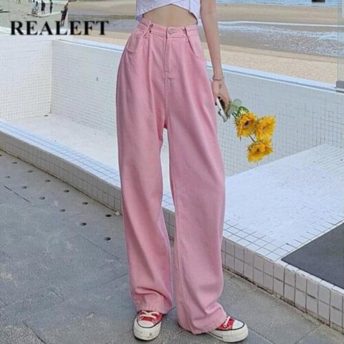 REALEFT Autumn 2021 New Street High Waist Pink Womens Jean Pants Buttons Full Length Denim Wide Leg Pant Chic Trouses Ladies