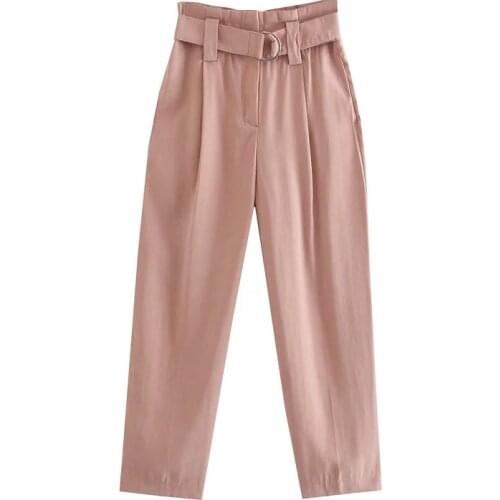 Dave&Di England Style Simple Solid Fashion Sashes High Waist Loose Harem Pants Women Pleated Casual Straight Trousers Women