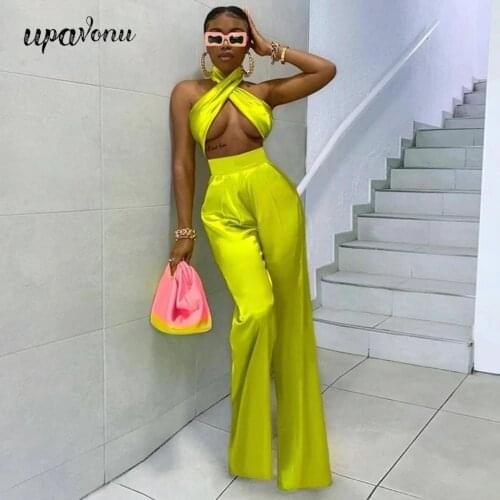 Free Shipping 2021 New Summer Womens Satin Jumpsuit Sexy Sleeveless Halter Hollow Jumpsuit Halter Club Party Straight Jumpsuit