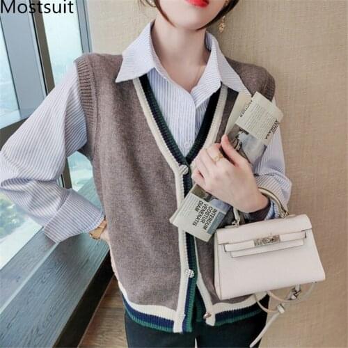 Color-blocked Plaid Cardigan Vest Women Sleeveless V-neck Single-breasted Sweater Vest Korean Vintage Female Jumpers Tops 2021