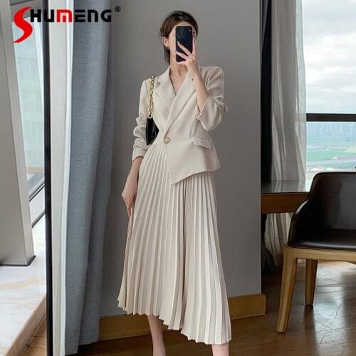 Simple Contrast Color Stitching Maxi Dress for Women 2021 Spring Plus Size Long Sleeve Double Breasted Pleated Long Suit Dress