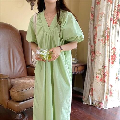 2021 Summer V-Neck Vintage Straight Dress Elegant Minimalist Femme OL Mujer Solid Women Chic Loose Robe Vestidos