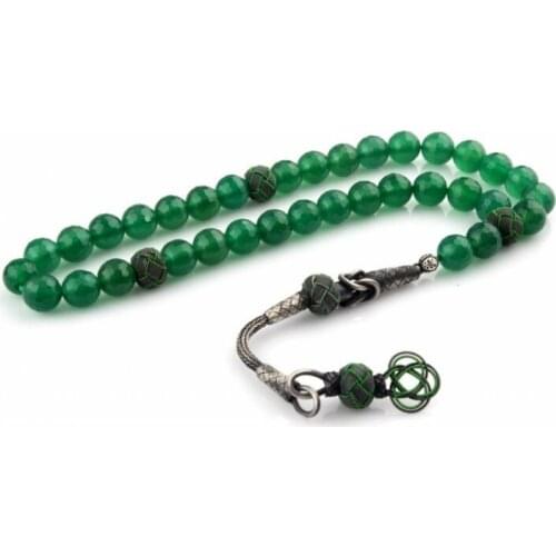 1000K Sterling Silver Sweater Tassel Rosary Green Agate Stone Tasbih Islamic Gift, Muslim Tasbeeh Prayer Beads 33 Piece