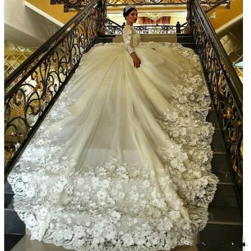 2021 Luxury Long Sleeves Sheer Appliques Muslim Wedding Dresses With 3D Flowers Arabci Dubai Bridal Gowns Vestidos De Mariee