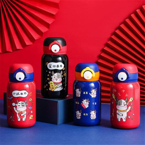 350ml 12oz Chinese New Year Of The Ox Thermos Water Bottle For Girl Stainless Steel Tea Coffee Mug 304 Vacuum Flask Thermal Cup