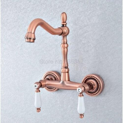 Antique Red Copper Brass Dual Ceramics Handles Wall Mounted Bathroom Kitchen Basin Sink Swivel Faucet Mixer Tap tsf885