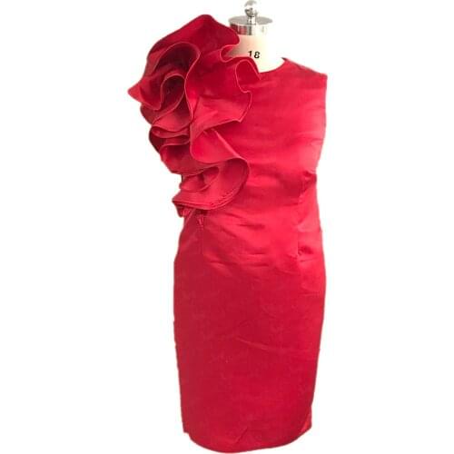 RSE894 Ruffled Shoulder Frill Detail Satin Short Sheath Knee Length Dress Gift for Her Shop Womens Party & Cocktail Dresses Red