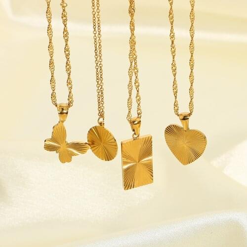 Minimalist Sunburst Signet Pendant Necklace For Women 18k Gold Plated Stainless Steel Water Ripple Chain Choker Necklace Female