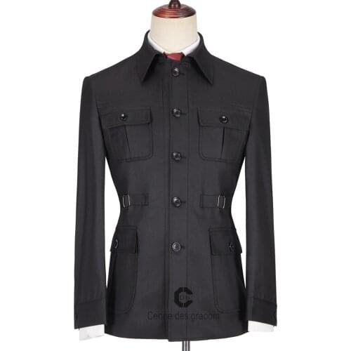 Cenne Des Graoom Black Safari Mens Suits Tailor-Made Blazer Pants Normal Business Causal Party Singer Groom Wedding Prom V82-5