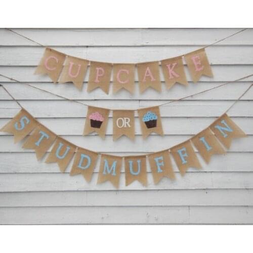 Custom Cupcake or Stud Muffin Gender Reveal burlap Banners baby shower nursery room party Buntings garlands Photo Prop