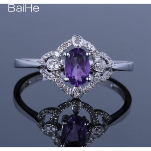 BAIHE Sterling Silver 925 0.5CT Oval Natural Amethyst Wedding Gift Women Trendy Elegant unique Vintage diamond Amethyst Ring
