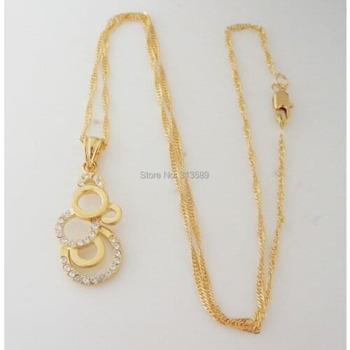 Min order 10$/ NEW - YELLOW GOLD OVERLAY 18.5" NECKLACE&FIVE CIRCLES SHAPE CZ STONE PENDANT/Great Gift