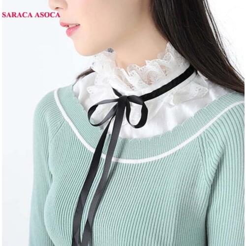 Fashion Lace Detachable Collars For Girls All Match Bow Black Tie Sweater Fake Collar Women A232