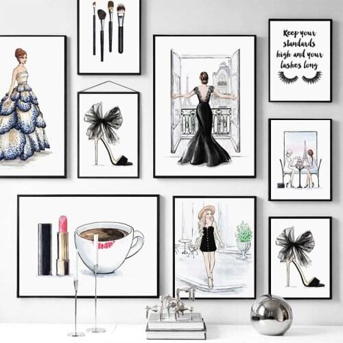 Fashion Girl Poster Print Lipstick Eyelash High Heels Wall Art Canvas Painting Nordic Wall Pictures for Living Room Home Decor