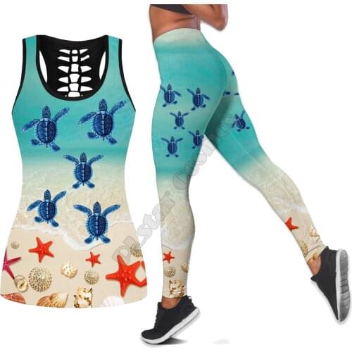 Sea turtle Polynesian 3D Printed Hollow Out Tank Legging Suit sexy Yoga Fitness Soft Legging Summer Women For Girl 29