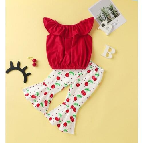 BABY Girls Clothes Kids Sleeveless Summer Suits Ruffle Vest Tops+Cherry Print Bell-bottomed Pants 2 PCS Sets Baby Outfits 1-4Y