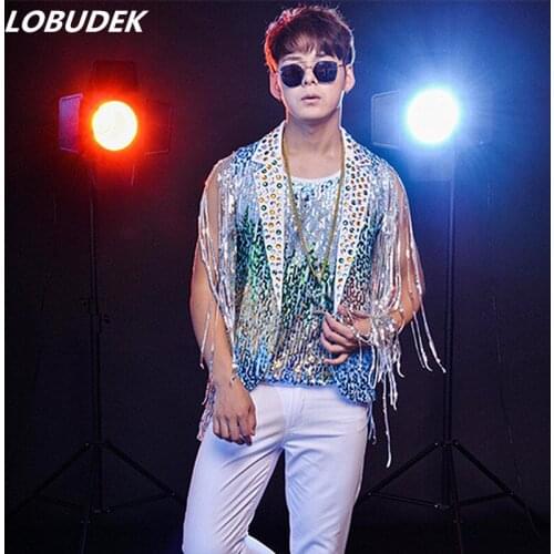 Jacket+vest+pants) tide male suit Colorful sequins Rhinestons coat waistcoat singer JAZZ DJ performance nightlcub stage outfit