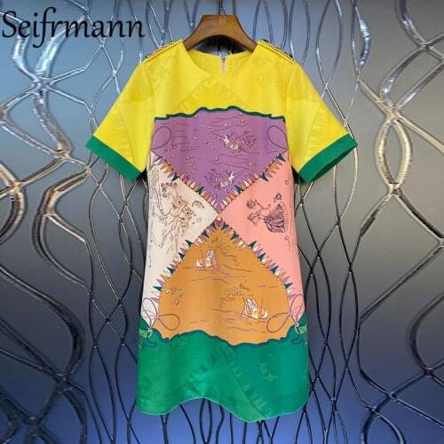 Seifrmann New 2021 Summer Women Fashion Designer Party Midi Dress Short Sleeve Gorgeous Crystal Beading Vintage Printed Dresses