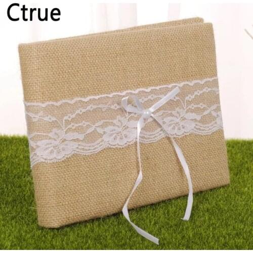 24X17cm burlap Wedding Guest Book with lace Engagement Anniversary Rustic Wedding decoration centerpieces Wooden GuestBook