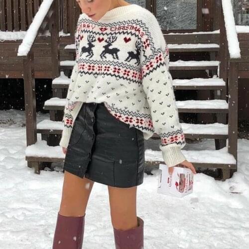 Christmas sweater o-neck long sleeve female chic ladies top jumper autumn winter deer Santa Claus print knitted pullover female