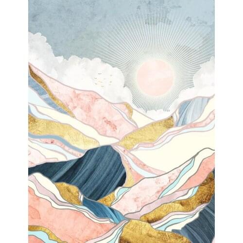 Vintage Art Chinese Poster Spring View Golden Pink Blue Abstract Sunrise Landscape Canvas Color Mountain Painting Pictures Home