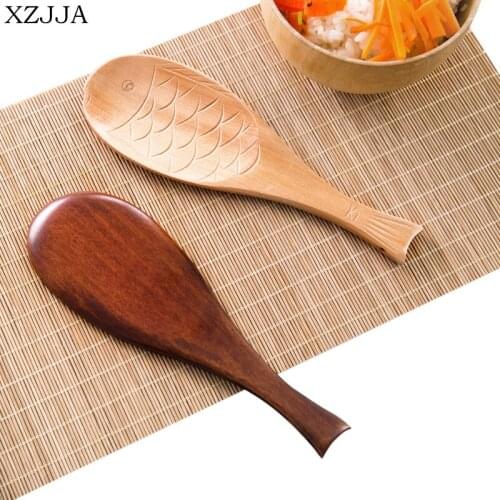 XZJJA Fish Shape Wooden Rice Scoop Non-Stick Meal Spoon Kitchen Utensil Rice Cooker Shovel Wood Rice Paddle Tableware Tablespoon
