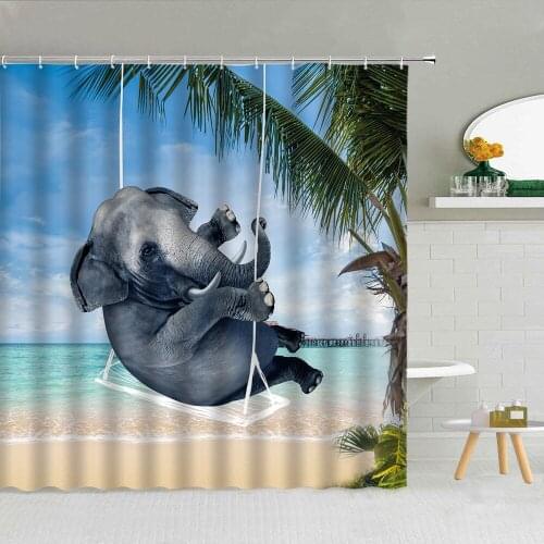 Shower Curtain Cute Funny Elephant Swinging In The Sea Waterproof Polyester Fabric High Quality Bath Screen With Hook Home Decor