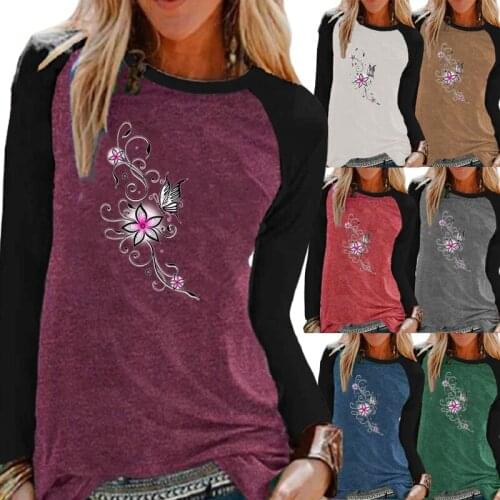 The New Women Clothing Autumn and Winter Fashion Printing Graphic Tee Raglan Long Sleeve Elegent Round Neck Loose Casual T-shirt