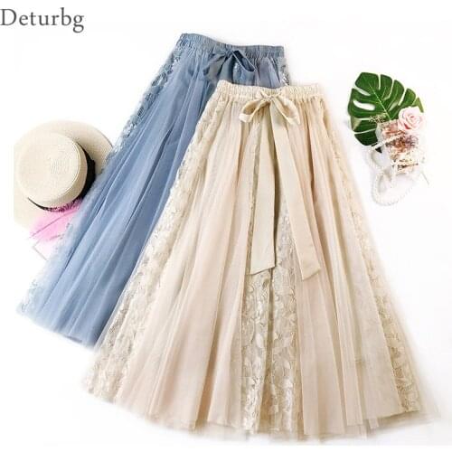 Korean Style Women Lace Patchwork Gauze Skirt Female Elastic High Waist Bow Lace-up Pleated Long Skirts Saias 2020 Autumn SK231