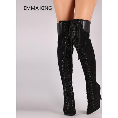 2019 New Cross-Tied Women Over The Knee Long Boots Black Flock Pointed Toe Stiletto High Heel Shoes Woman Thigh High Knight Boot
