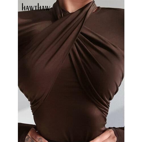 Hawthaw Women Autumn Winter Long Sleeve Soild Color Brown Bodycon Slim Bodysuit Romper Playsuit 2020 Fall Clothes Streetwear