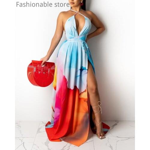 Women Colorblock Print High Slit Criss Cross Lace-Up Sleeveless Backless Maxi Dress