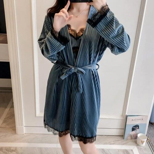 2pcs Sexy Sleepwear Set Women Sexy Lace Patchwork Strappy Mini Dress Robe Robe & Long Sleeve Gown Sleepwear Set Women Nightwear
