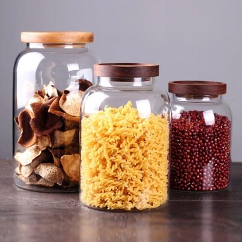 Large Capacity Household Glass Storage Jar Sealed Cans with Wooden Lid Kitchen Grain Bean Food Candy Storage Container Bottles