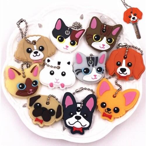 10Pcs/Lot Key Chain Animal Cartoon Cute Dog Cat Silicone Soft Safety Cat Figure PVC Key Accessories For Gift Women Girl Trinket