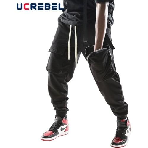 Multi-Pocket Cargo Pants Mens High Street Solid Color Jogger Pants Solid Color Elastic Waist Loose Casual Trousers Men