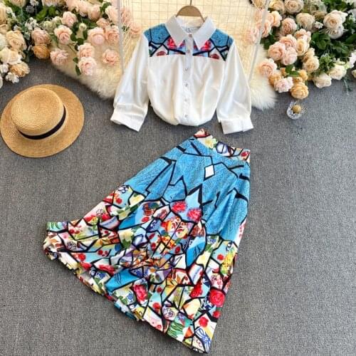 European and American style 2021 new Lapel long sleeve shirt womens high waist slim pop print skirt suit women