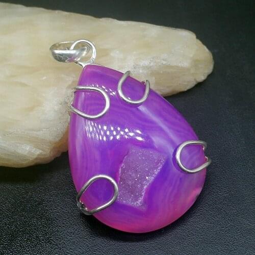 Gemstonefactory Jewelry Big Promotion 925 Silver Solitaire Natural Agate Druzy Women Ladies Gifts Necklace Pendant 1270