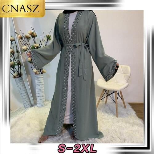 Islamic Fashion Women Pearls Kimono Robe Modest Dress Long Elegant Cardigans Muslim Clothing Front Open Abaya