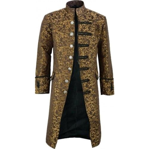 Halloween Victorian Men Jacquard Weave Stand Collar Long Sleeve Coat Outwear Retro Jacket Coat Men Goth Steampunk Middle Ages