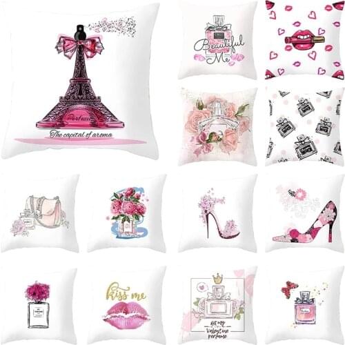 Valentines Day Cushion Cover 45X45 Perfume Bottle Decoration Pillow Covers Sofa Cushions Pink Pillowcase Nordic Home Decor cojin