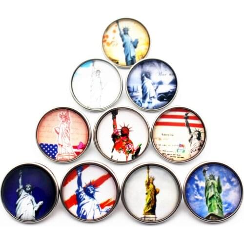Newest 12pcs/lot USA Statue of Liberty Glass Snap Buttons Charms Fit 18mm/20mm Ginger Snap Button Bracelet DIY Jewelry