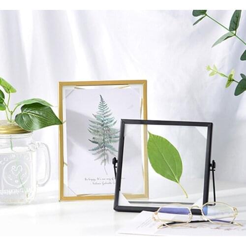 Simple Antique Gold Rectangle Glass Photo Frame Folding Desktop Picture Brass Frames for Portraits and Landscape Home Decoration