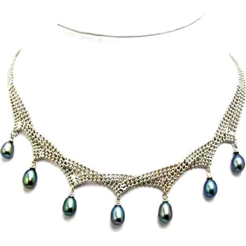 Qingmos Natural 7-8mm Drop Black Pearl Necklace for Women with Freshwater Pearl Pendant Necklace Chain Chokers 15-17" Jewelry